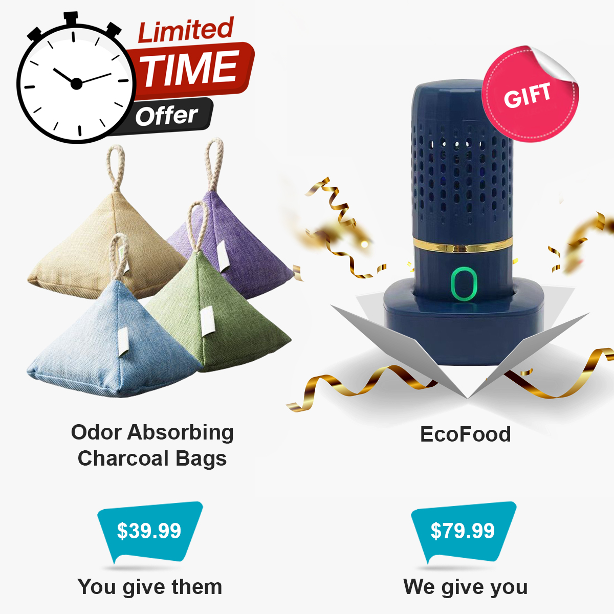 Purchase Odor Absorbing Charcoal Bags for $39.99 as a gift for a friend and receive EcoFood for $79.99 as our gift to you