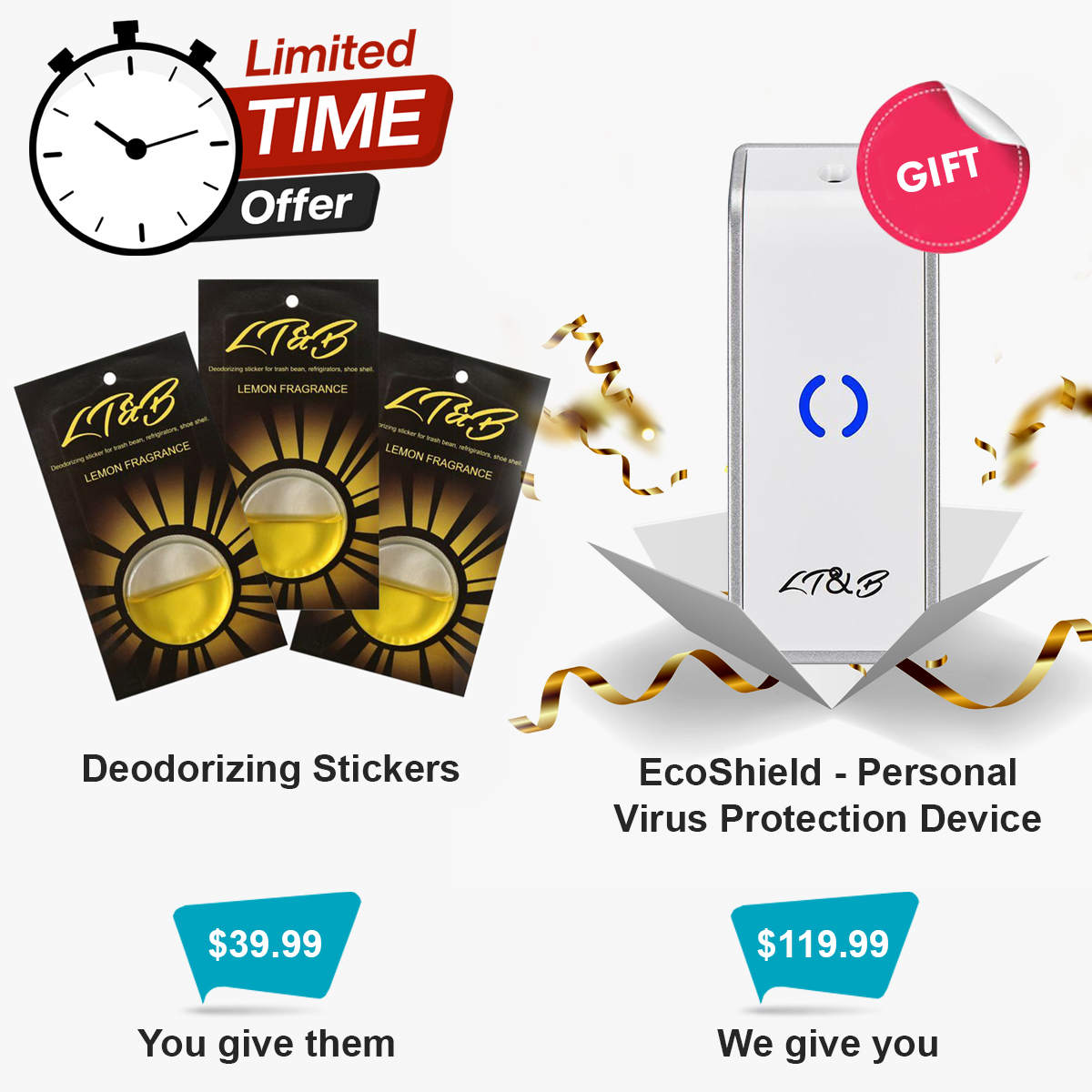 Purchase Deodorizing Stickers for $39.99 as a gift for a friend and receive Personal Virus Protection Device EcoShield for $119.99 as our gift to you