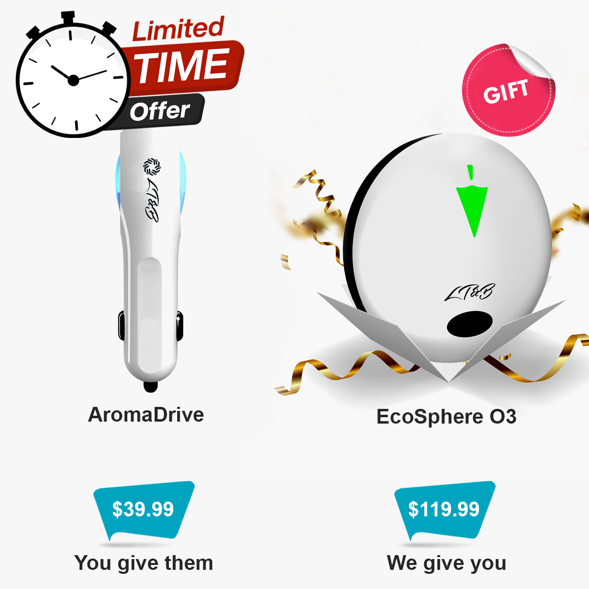 Purchase AromaDrive for $39.99 as a gift for a friend and receive EcoSphere O3 for $119.99 as our gift to you