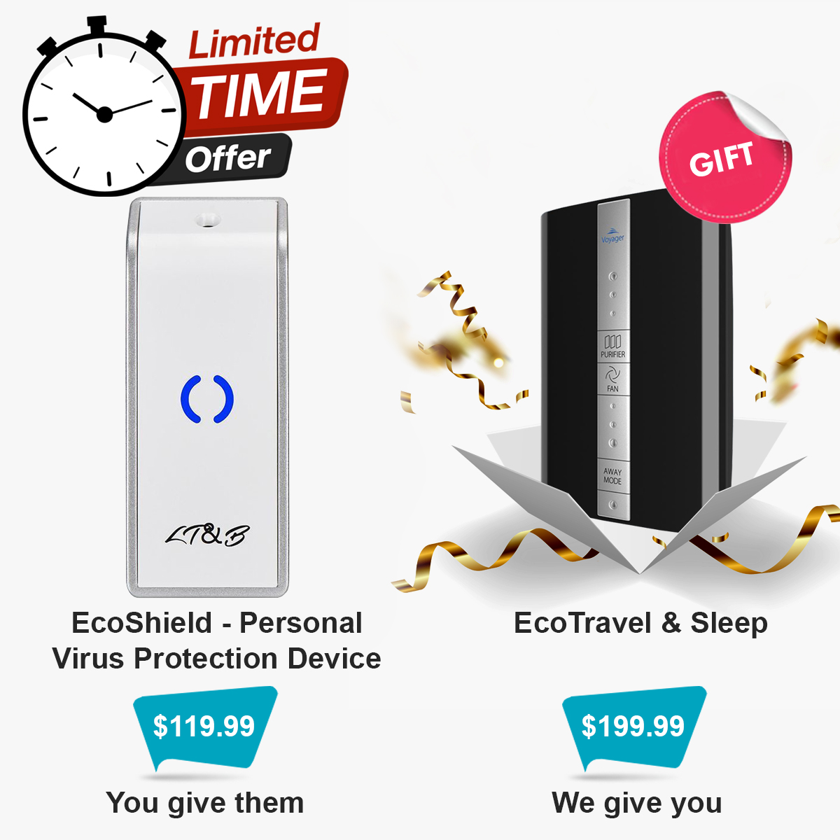 Purchase EcoShield - Personal Virus Protection Device for $119.99 as a gift for a friend and receive  EcoTravel & Sleep for $199.99 as our gift to you