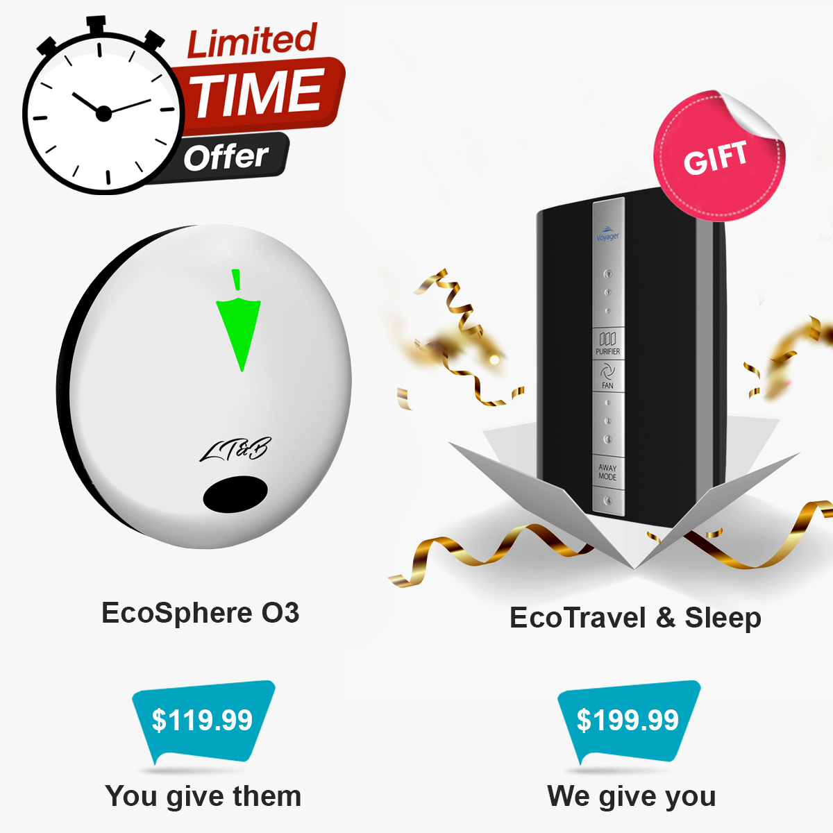 Purchase EcoSphere O3 for $119.99 as a gift for a friend and receive  EcoTravel & Sleep for $199.99 as our gift to you