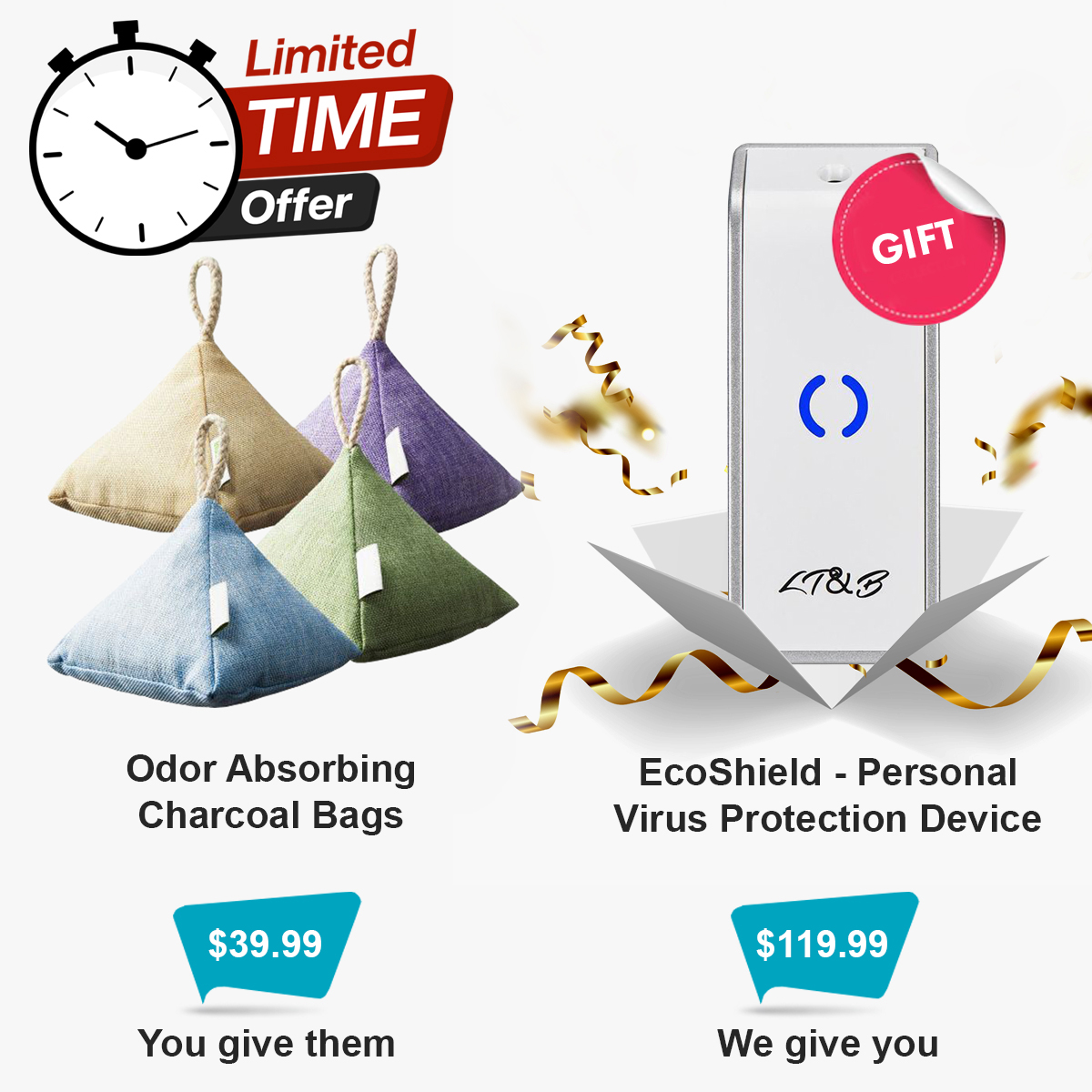 Purchase Odor Absorbing Charcoal Bags for $39.99 as a gift for a friend and receive Personal Virus Protection Device EcoShield for $119.99 as our gift to you